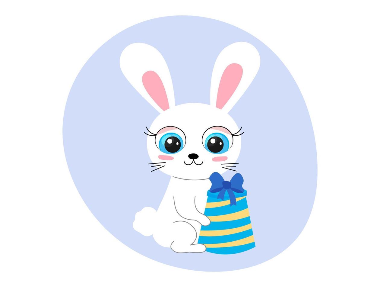 Cute cartoon rabbit with big eyes and colorful gift box. Funny bunny character sits and smiles. Symbol of 2023. Vector flat illustration