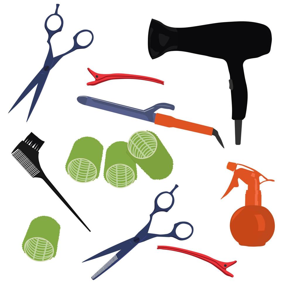 Barber set vector stock illustration. Comb, scissors, hair dryer, curling iron, clips, hairpins, nail polish, curling iron. A pattern for a beauty salon and barbershop. Isolated on a white background.