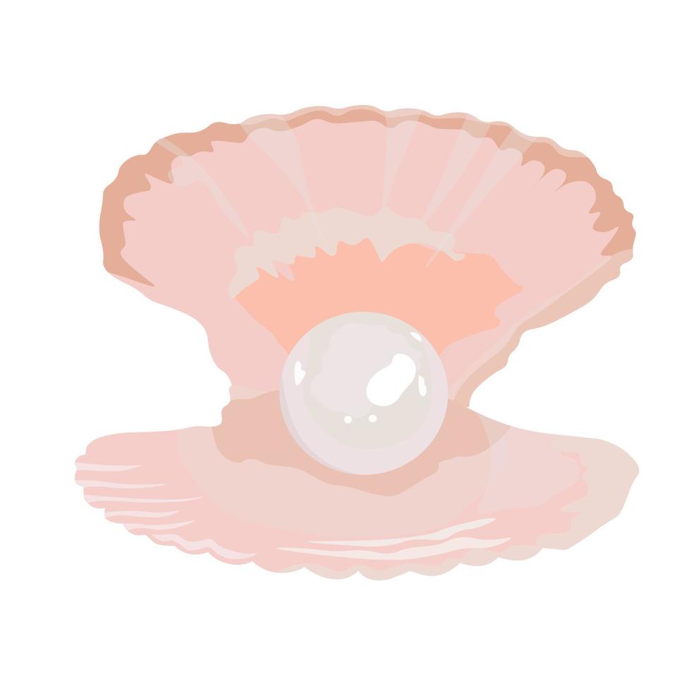 Pearl in the shell vector stock illustration. Sea shell of mother-of-pearl shades with a large bead inside. Oyster. A piece of jewelry. Poster. Isolated on a white background.