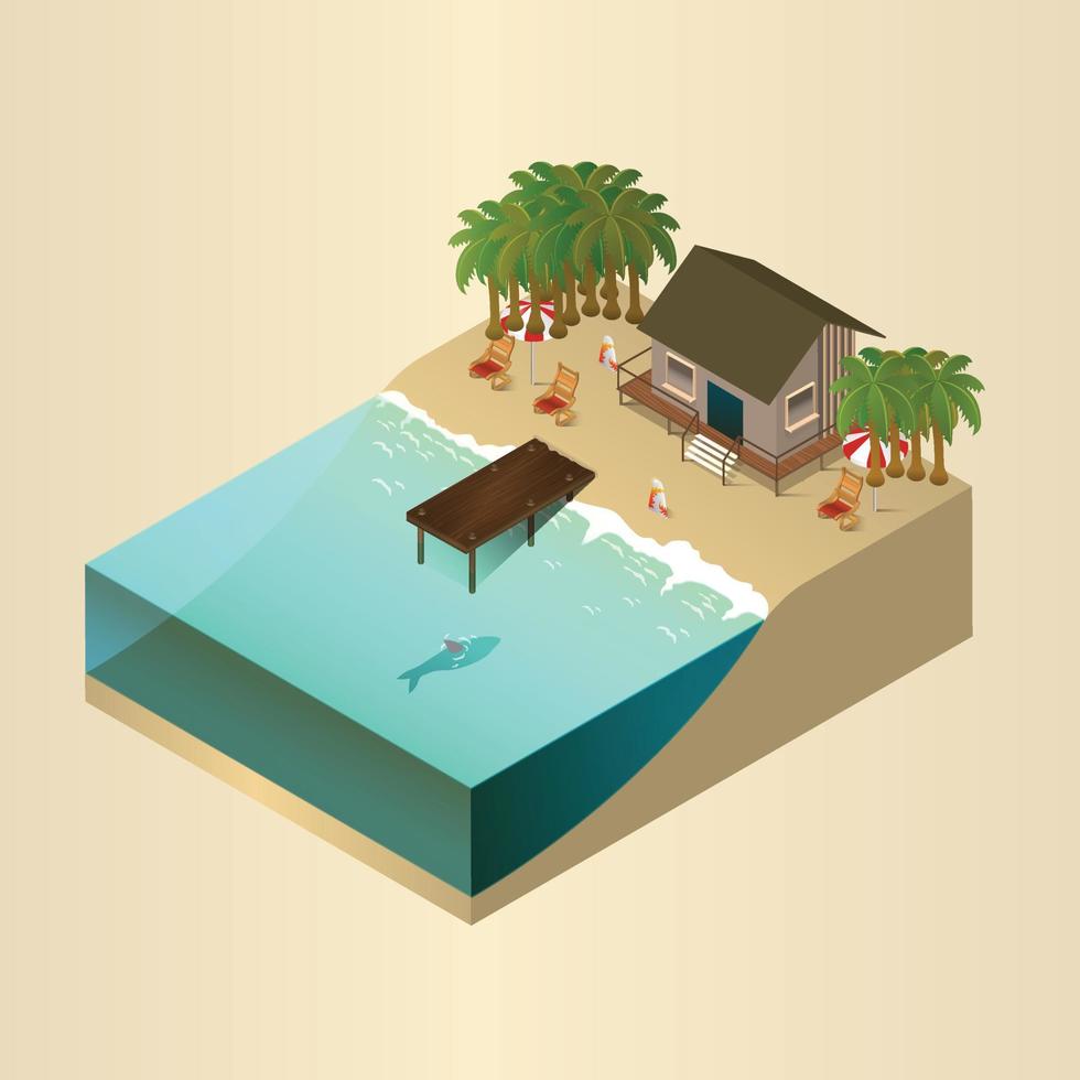 playa isométrica con gente relajante, palmeras, sombrillas, torre de salvavidas. ilustración de verano tropical vector