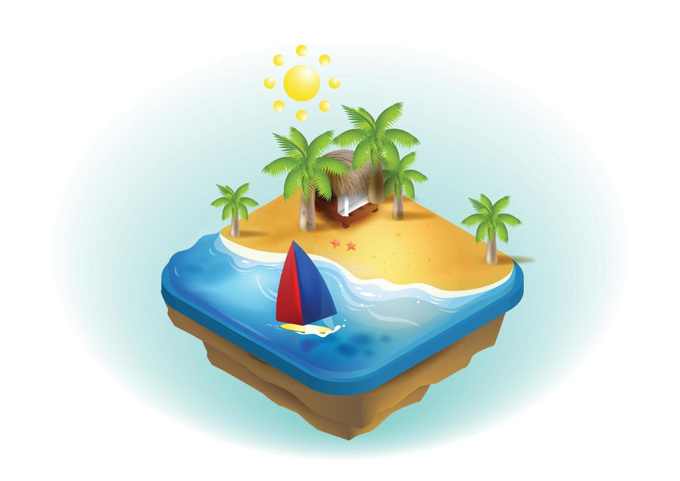 Isometric composition. Summer vacation on the island. Paradise with palm trees, a waterfall, surfboard, and a yacht. Sea. Summer vacation. vector