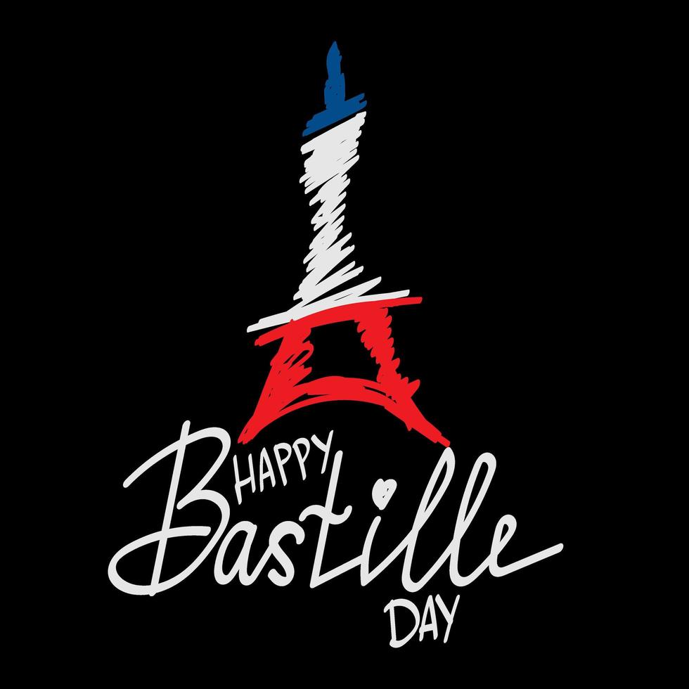 torre estilizada. feliz dia de la bastilla. fiesta nacional de francia. 14 de julio. concepto de vacaciones. libertad. fuente manuscrita. adecuado para carteles y literatura especializada. vector