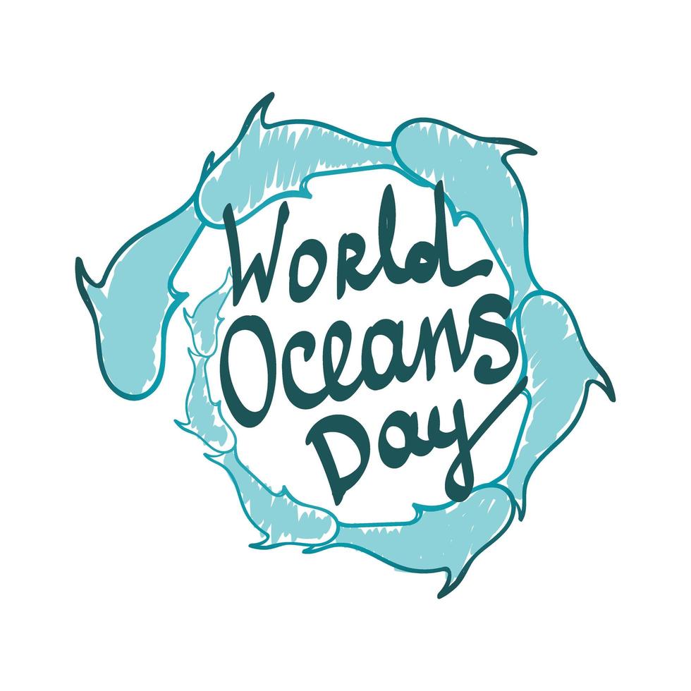 World Oceans Day postcard template. Hand drawn fish in doodle style. Sea creatures arranged in a spiral. Handwritten inscription. vector