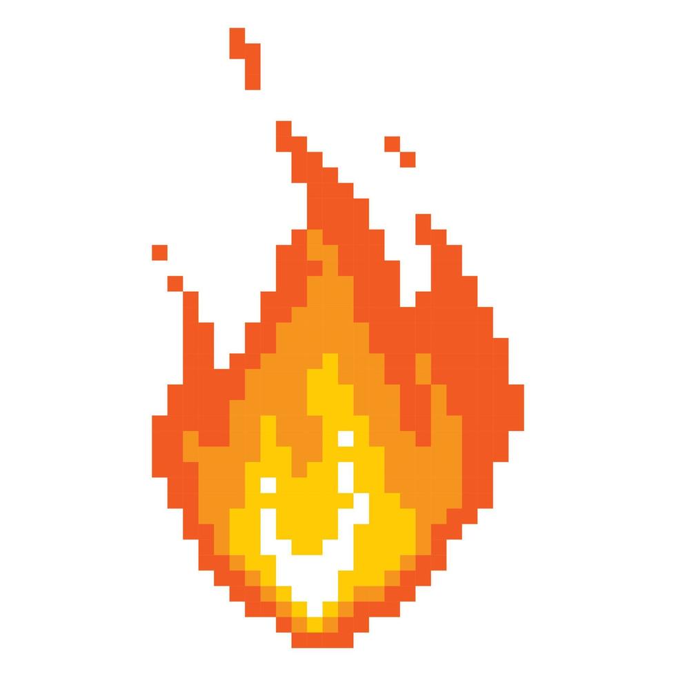 Falling fireball pixel icon. Burning fire with glowing yellow core red flame after powerful explosion with flying vector sparks