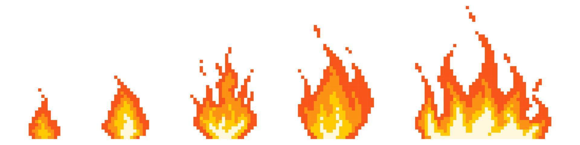 Stages of pixel fire ignition. Small red bonfire turning into fiery hell consequences of explosion blazing with raging vector flame