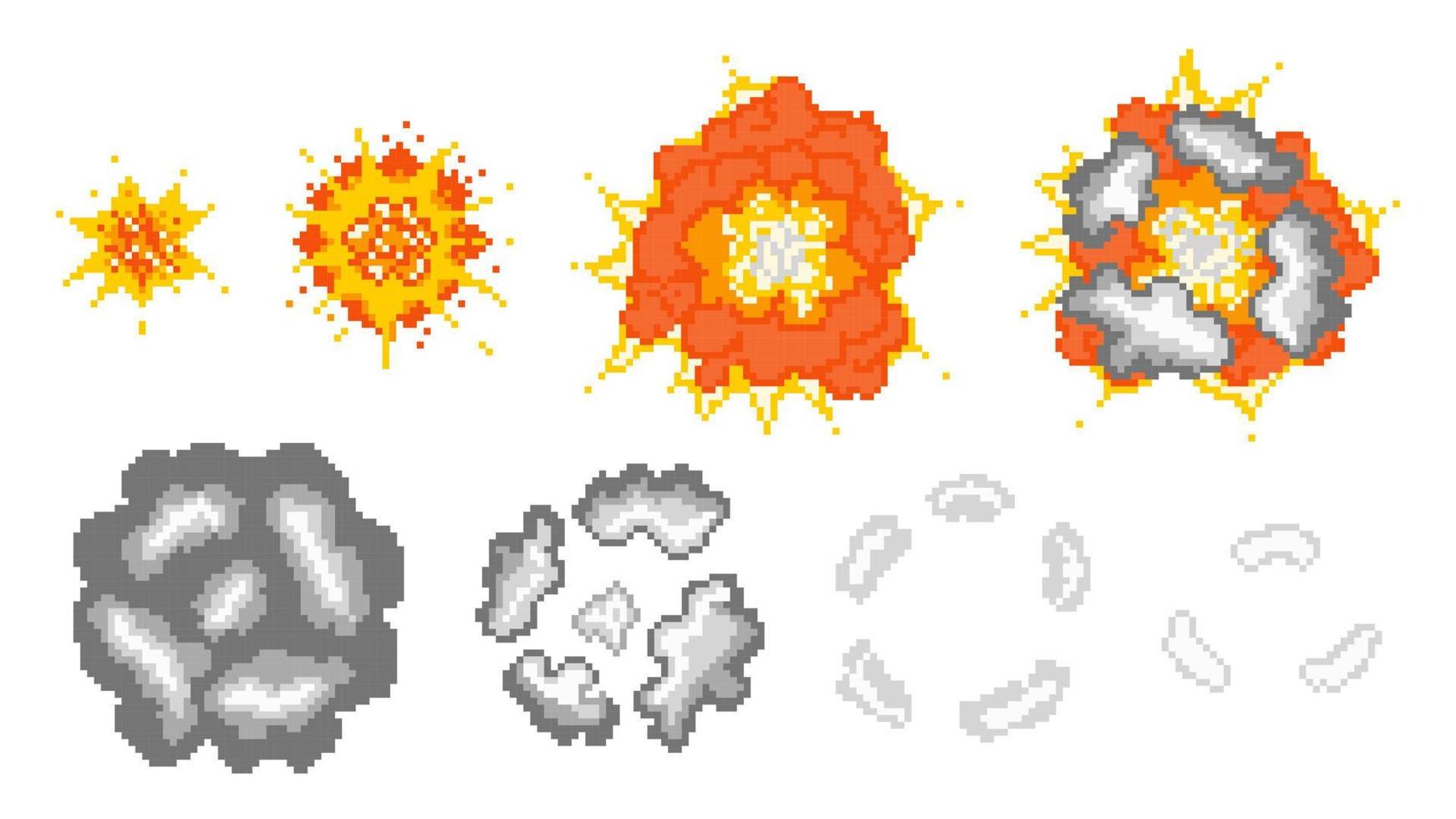 Stages destructive pixel explosion illustration. Initial flash increase in fireball and red powerful detonation with smoke dispersion and disappearance vector gray clouds