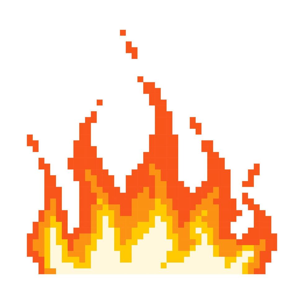 Flame fire pixel icon. Wave napalm burning everything around fire with glowing yellow core red energy after powerful explosion with flying vector sparks