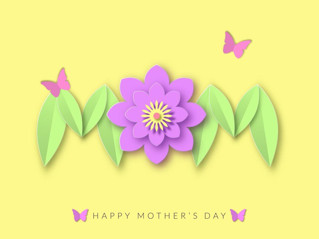 Mothers day floral best decoration poster. Greeting yellow holiday with pink paper cut flower and green leaves lettering spring congratulations loved one with purple fluttering vector butterflies