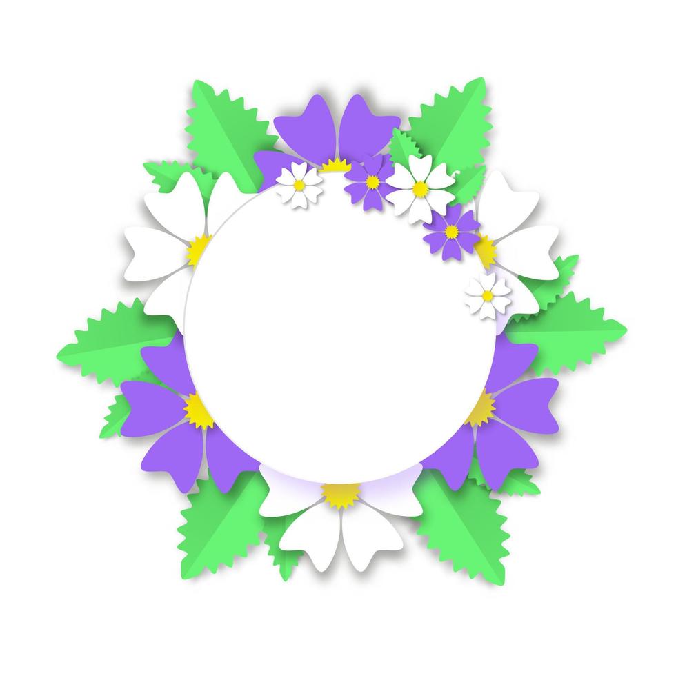 corona de flores silvestres de verano en la superficie blanca pancarta cortada en papel. margaritas brillantes con flores de maíz moradas y hojas verdes alrededor de un círculo vacío para un afiche romántico de saludos vectoriales vector