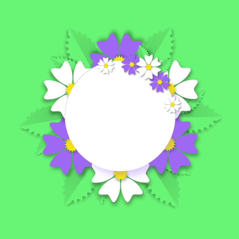 Summer wreath wildflowers on green grass paper cut banner. White daisies with purple cornflowers and jagged leaves around empty circle for romantic vector greetings poster