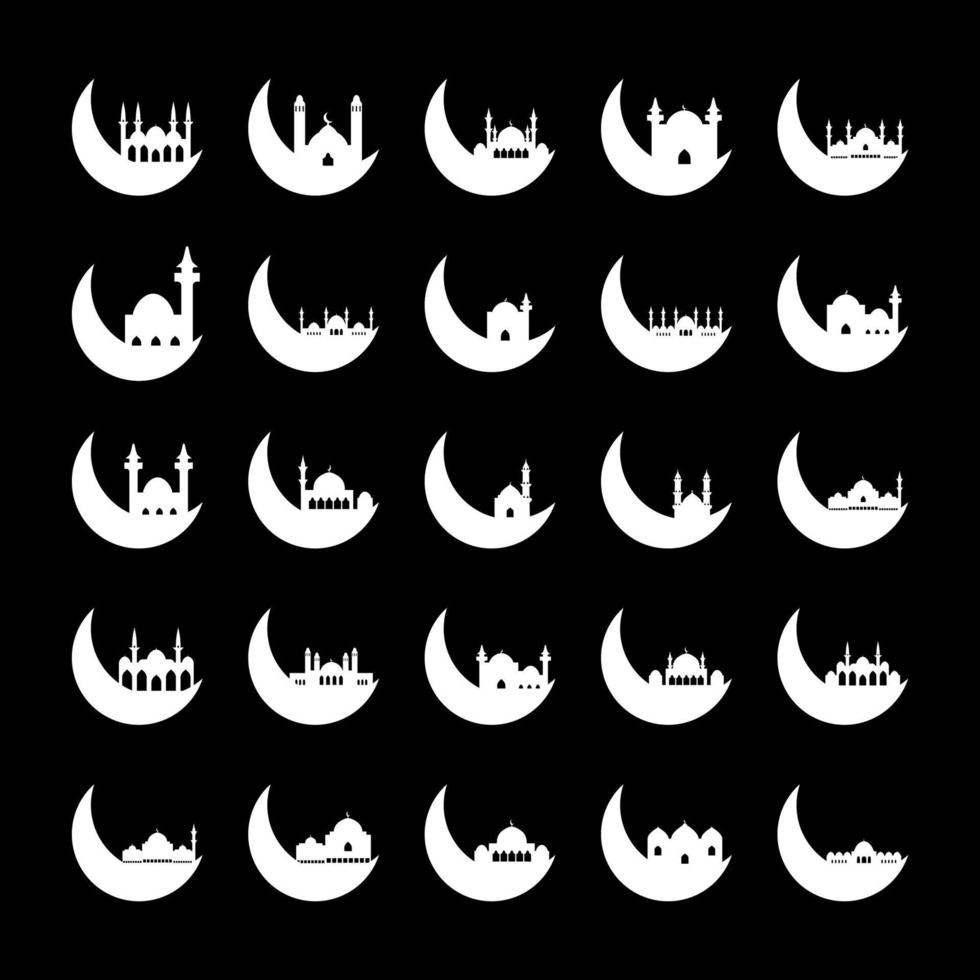 Set of Crescent moon with mosque vector