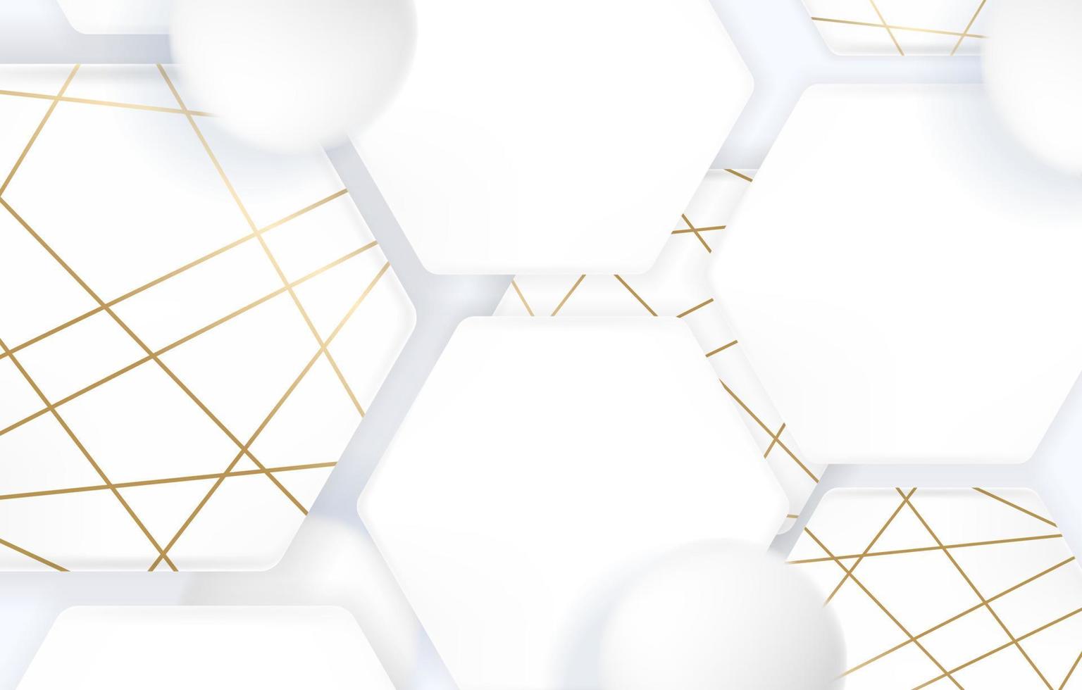 3d soft white geometric hexagon shape elements with golden decor strips. Minimal clean background design. Vector illustration