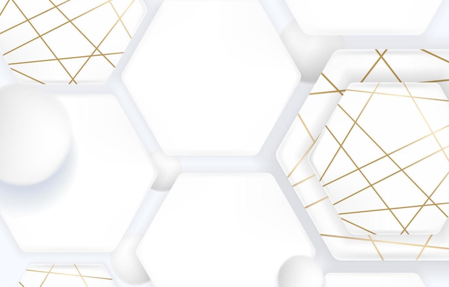 3d soft white geometric hexagon shape elements with golden decor strips. Minimal clean background design. Vector illustration