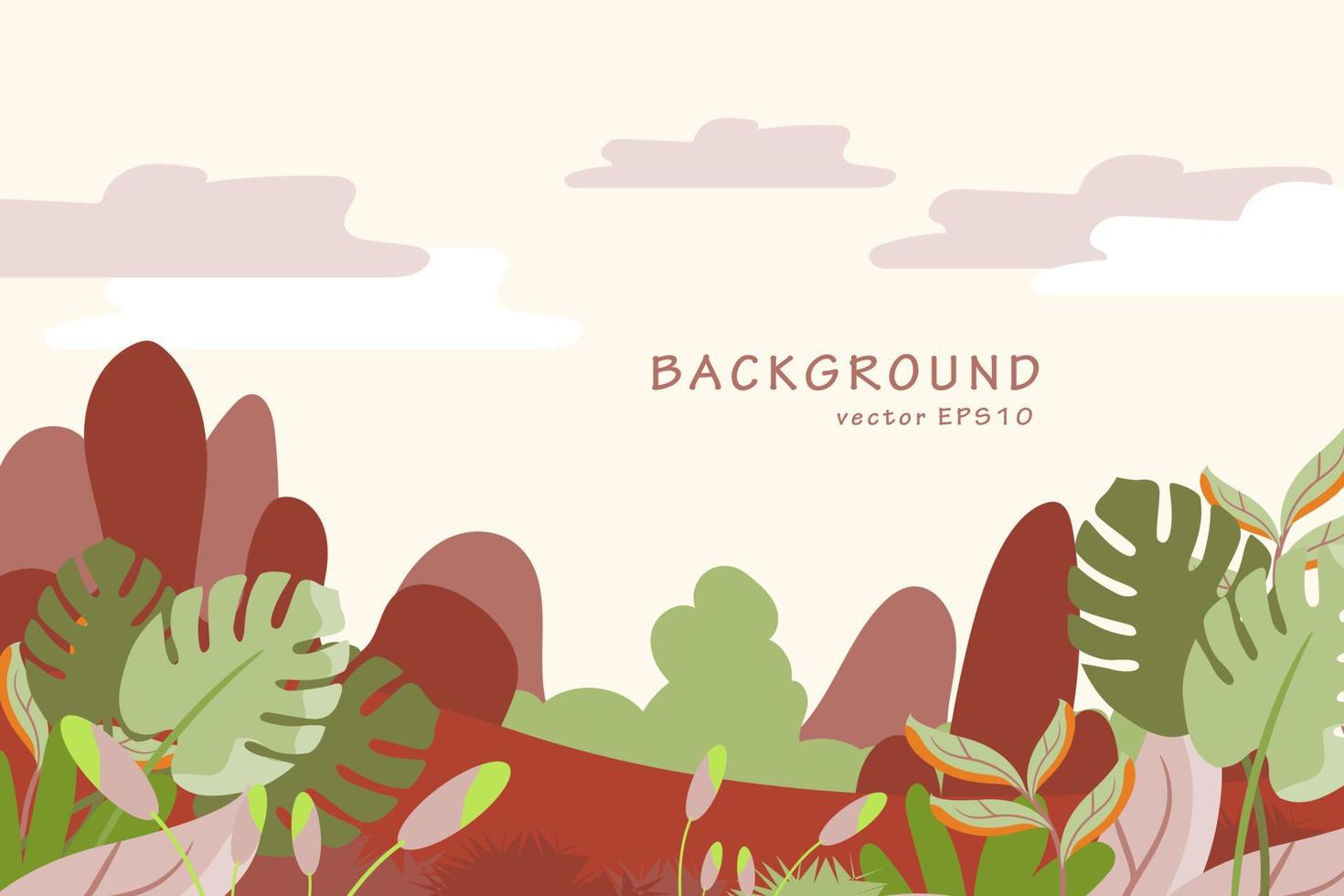 diseño de fondo o banner de ambiente de primavera y verano con hermosas flores, hojas, montaña, paisaje y elemento de cielo. ilustración vectorial eps10 vector