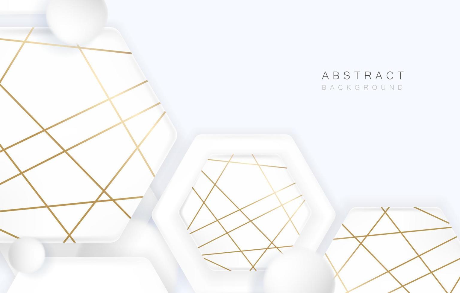 3d soft white geometric hexagon shape elements with golden decor strips. Minimal clean background design. Vector illustration