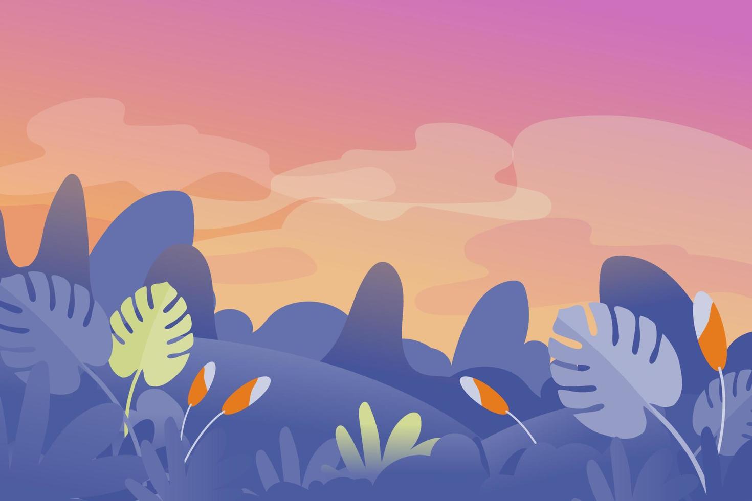 Spring and summer environment background or banner design with lovely flowers, leaves, mountain, landscape and sky element. EPS10 vector illustration