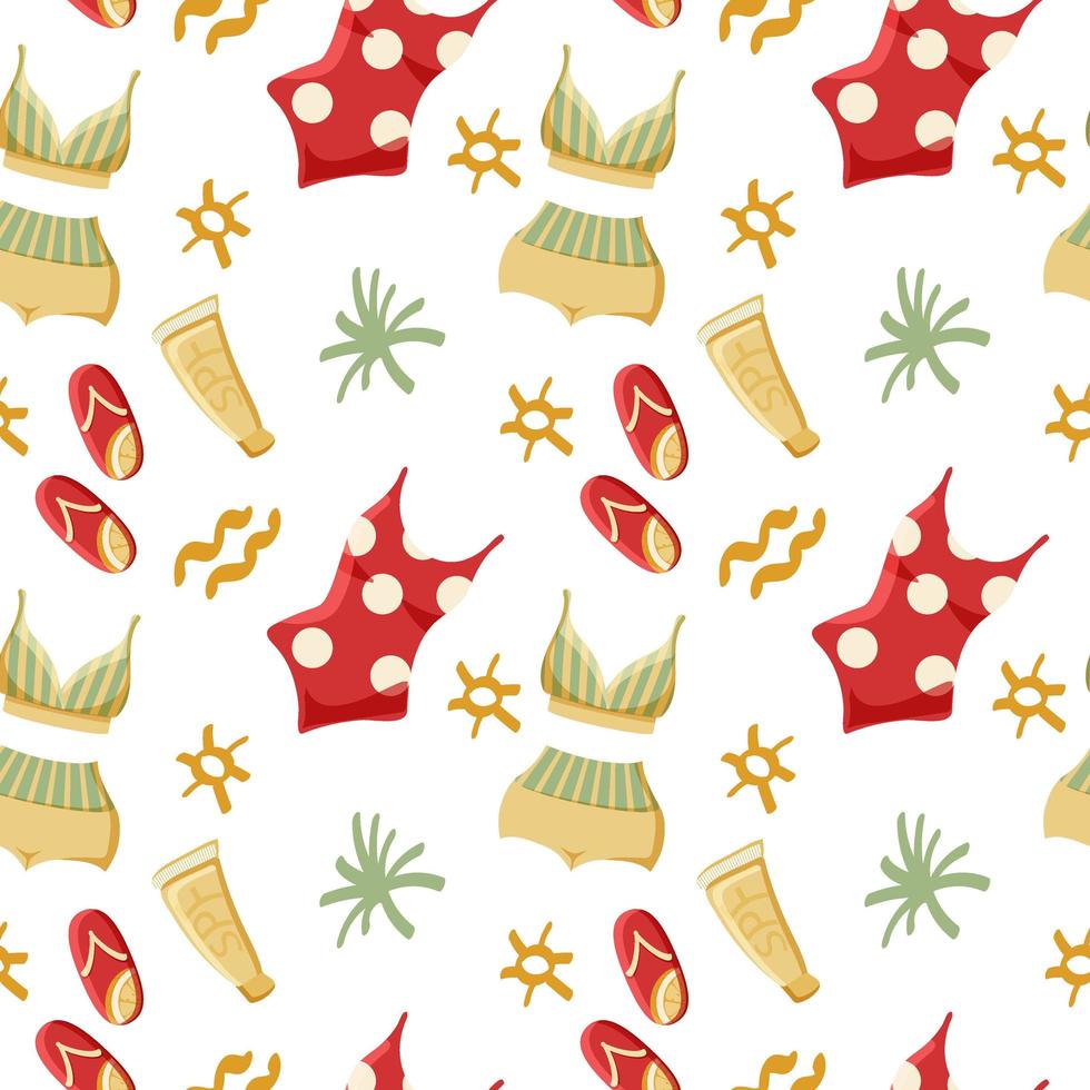 Seamless pattern of summer elements, hand-drawn in cartoon style. Cute swimsuits, flip flops and sun protection on a white background. Summer fun background for testel. vector