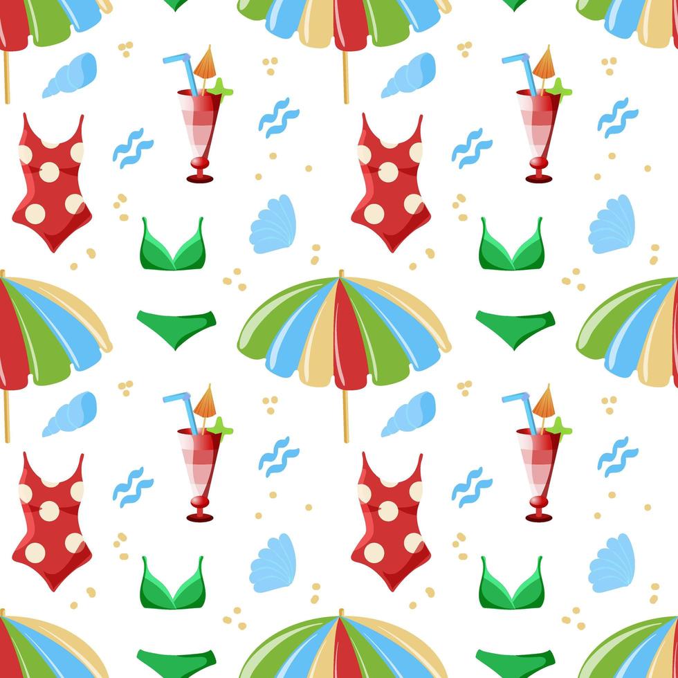 Seamless pattern of summer elements, hand-drawn in cartoon style. Cute swimsuits, umbrellas and cool cocktails on a white background. Summer fun dough background. vector