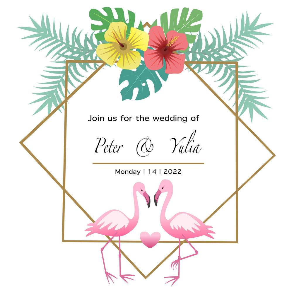 Colorful romantic tropical wedding invitation card. vector