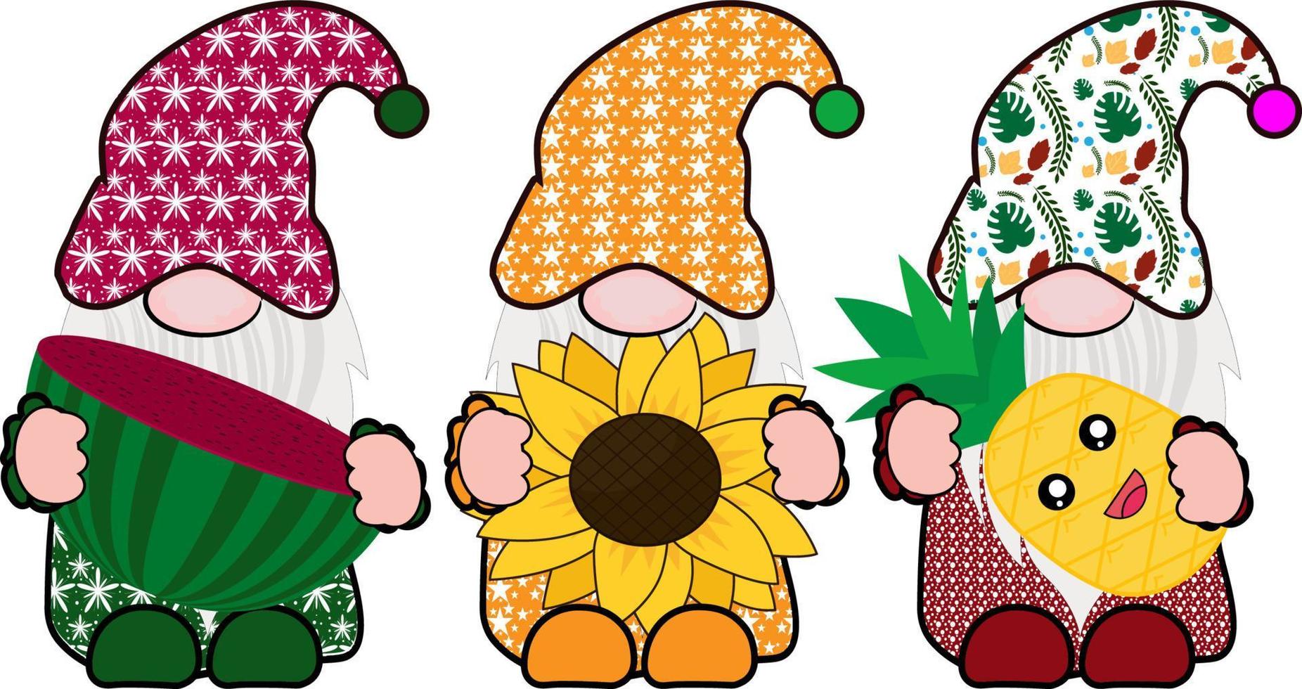 Summer Gnomes with watermelon, sunflower  pineapple It can be used on T-Shirt, labels, posters, icons, Sweater, Jumper, Hoodie, Mug, Sticker, Pillow, Bags, Greeting Cards, Badge, Or Banner vector