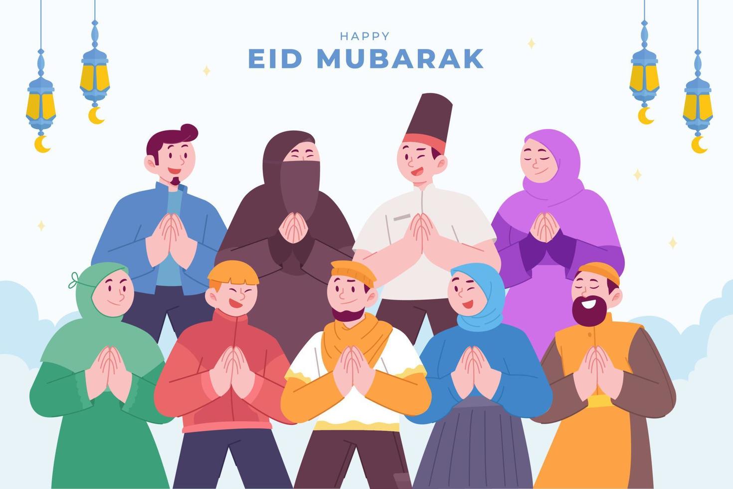 Ramadan kareem mubarak happy moslem family celebrating eid al fitr to all muslim, with kids children and parents. suitable for Greeting card, invitation and banner. flat vector illustration