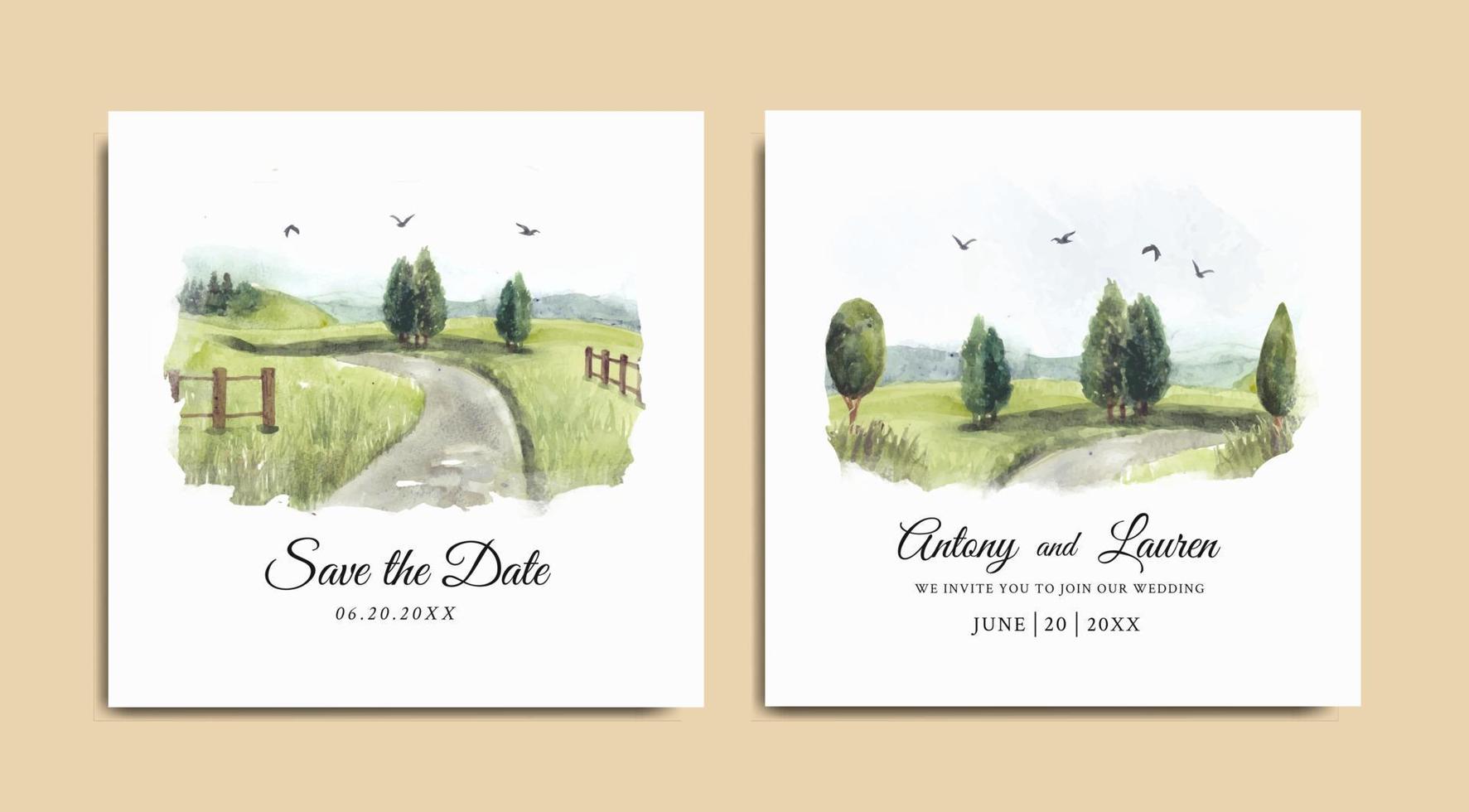 Wedding invitation of green nature landscape with road and garden fence watercolor vector