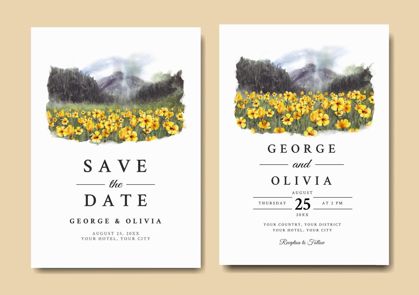 Wedding invitation of nature landscape with beautiful yellow flowers watercolor vector