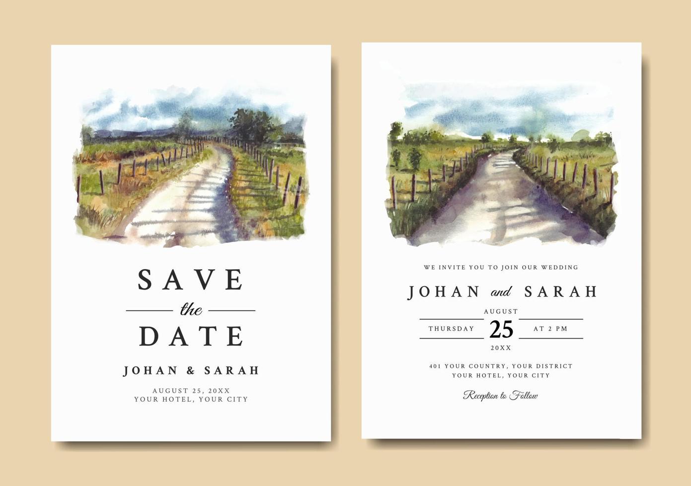 Wedding invitation of nature landscape with road and fence watercolor vector