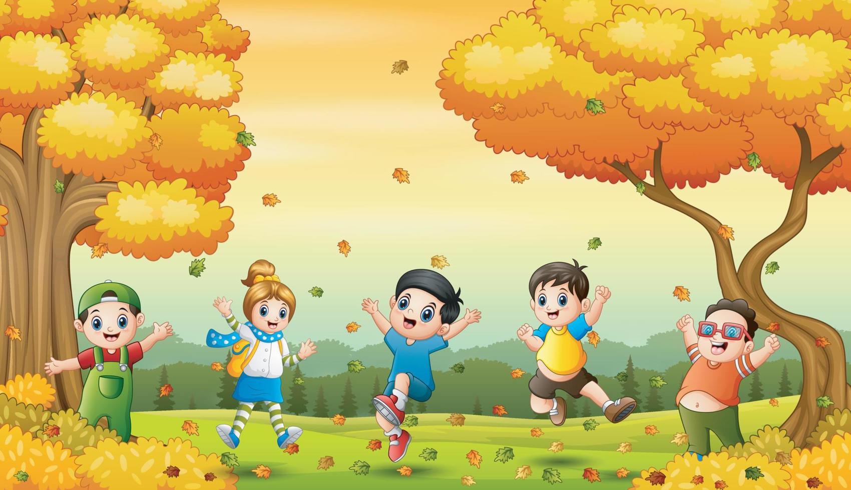 Cheerful little kids jumping and laughing in autumn landscape vector