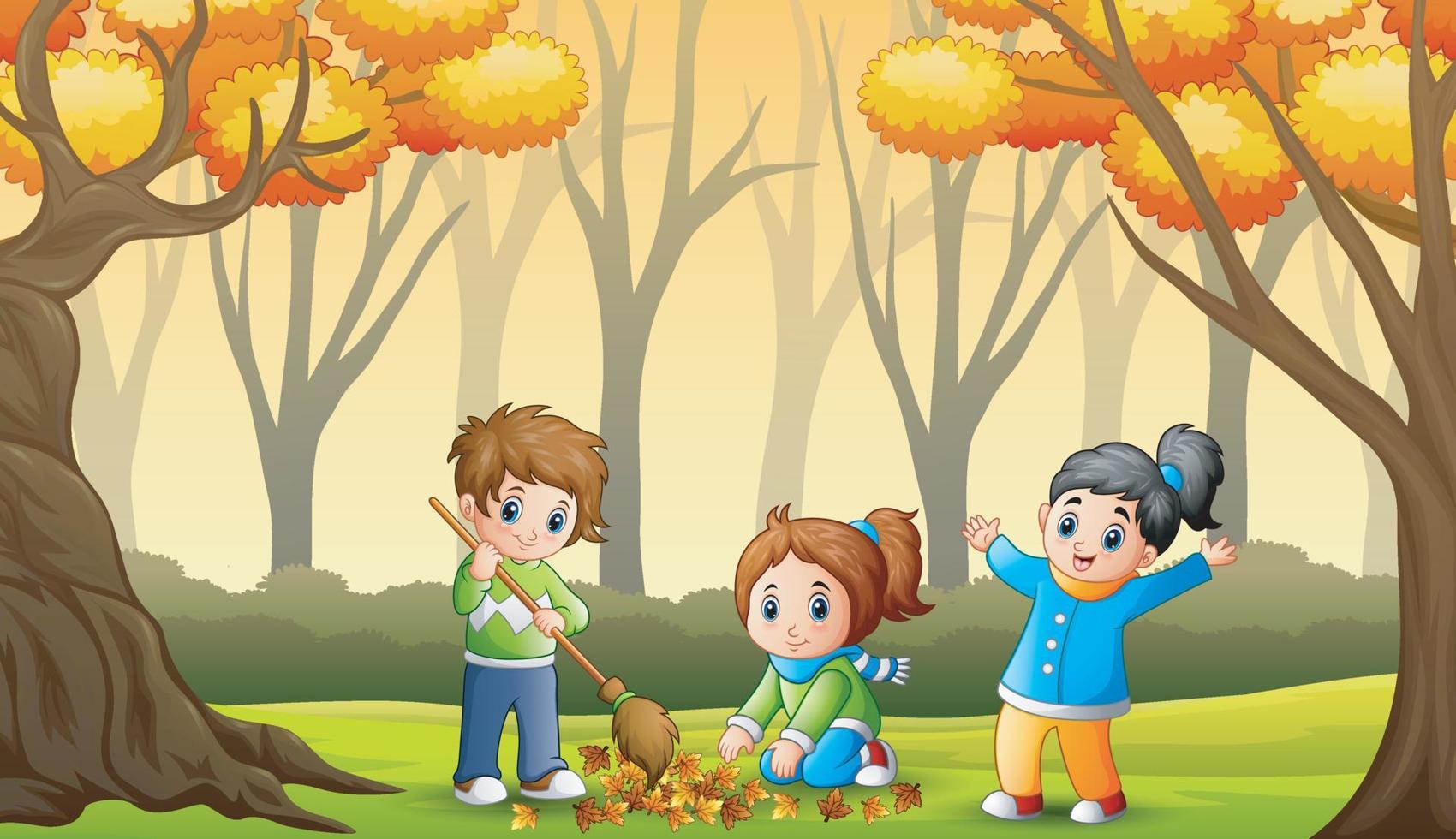 los niños limpian las hojas caídas en el jardín vector