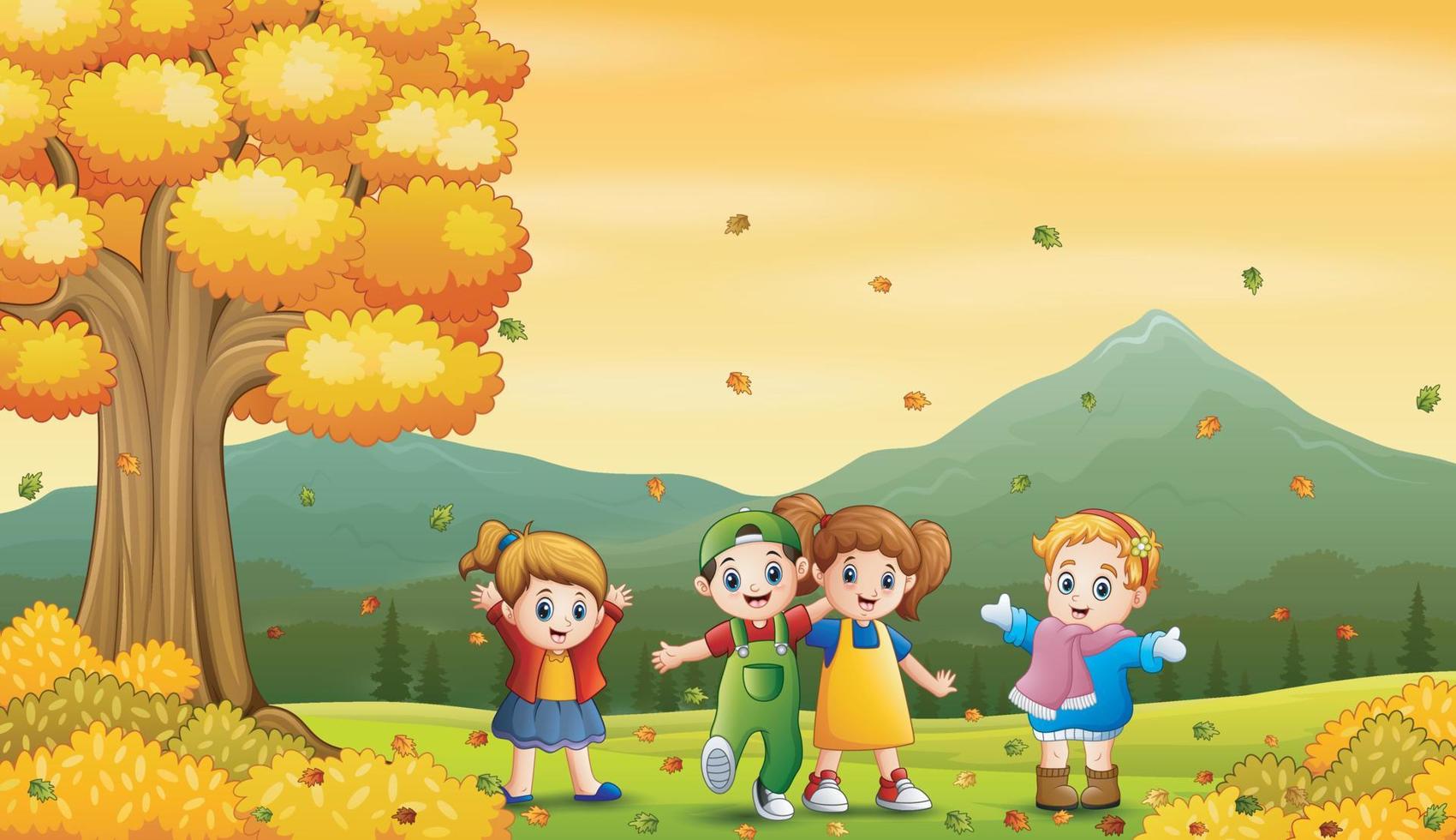 Happy kids playing outdoors in autumn vector