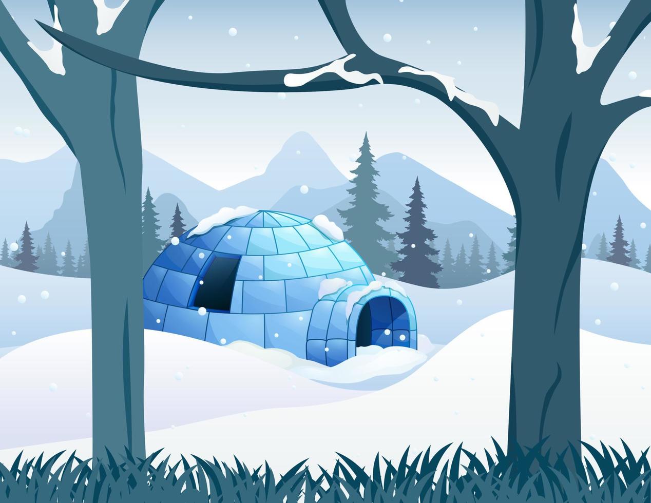 una casa iglú en la ilustración del bosque nevado vector