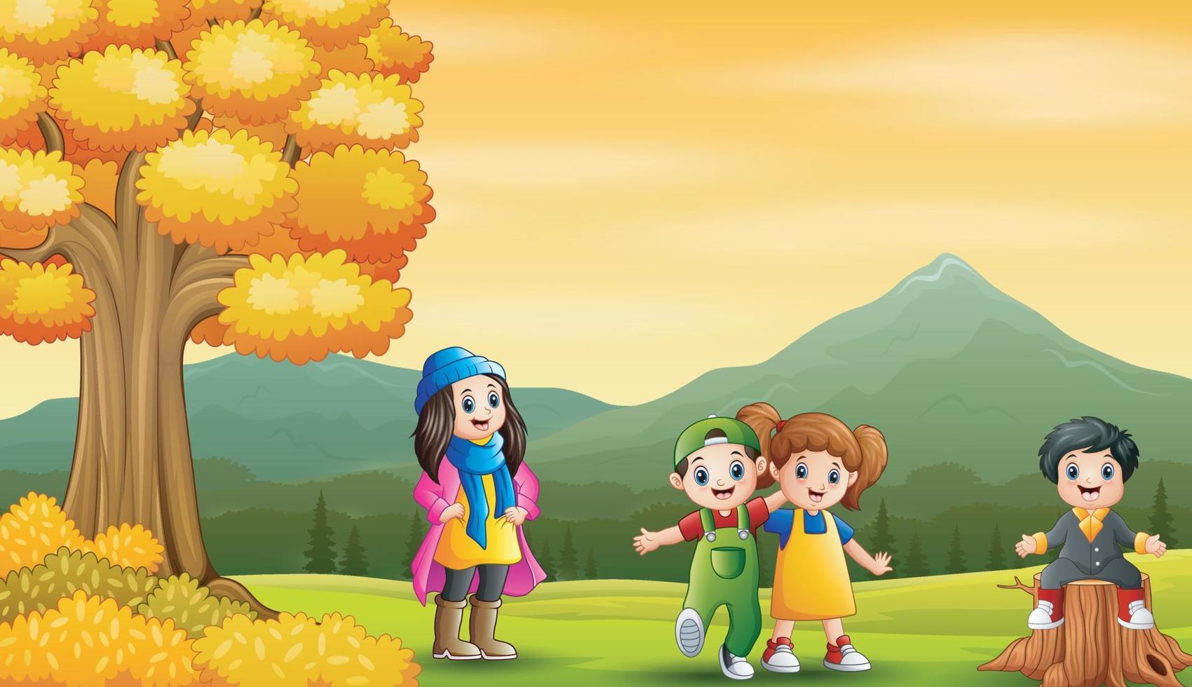 Cheerful little kids in autumn landscape vector
