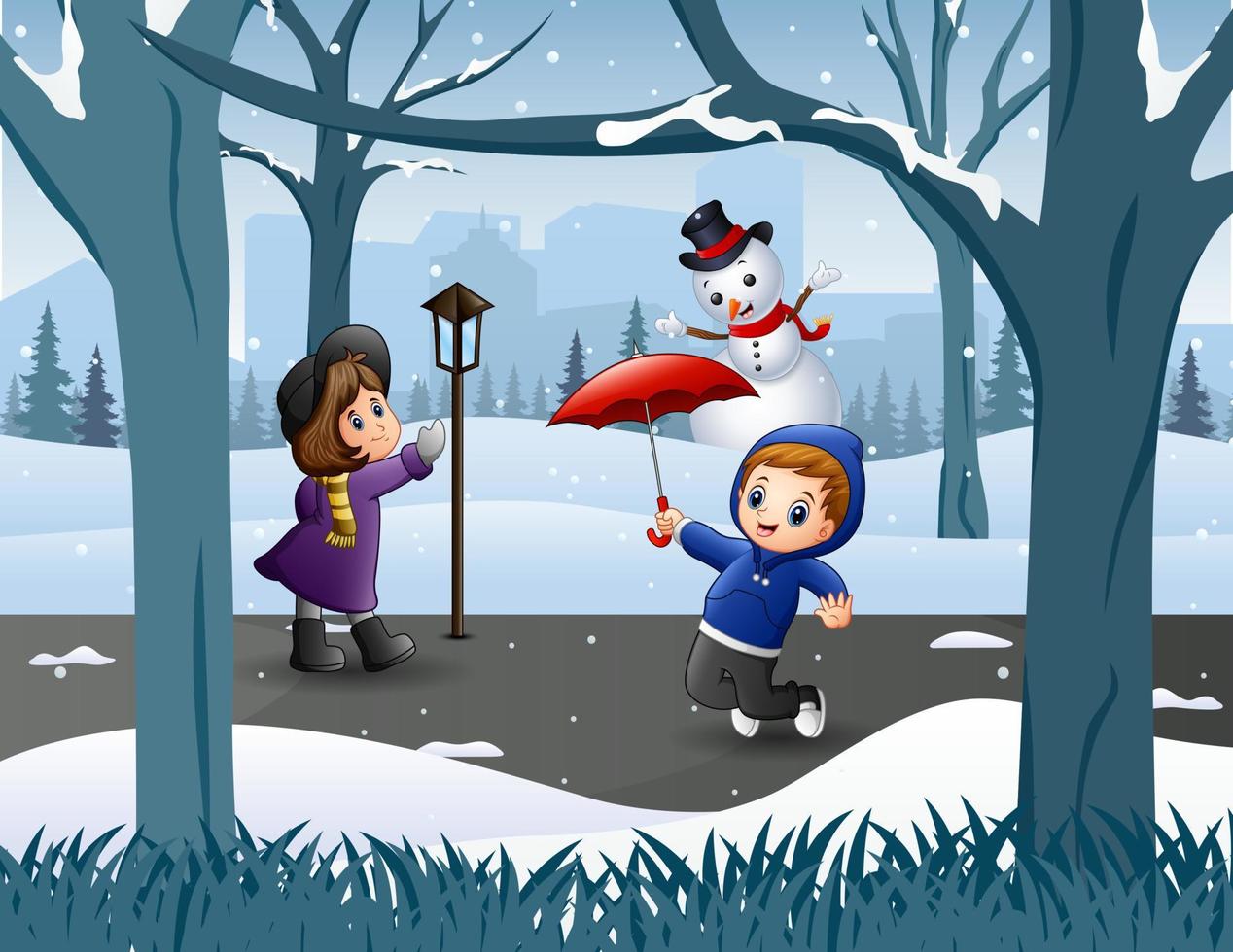 Funny kids playing in the snowy park vector