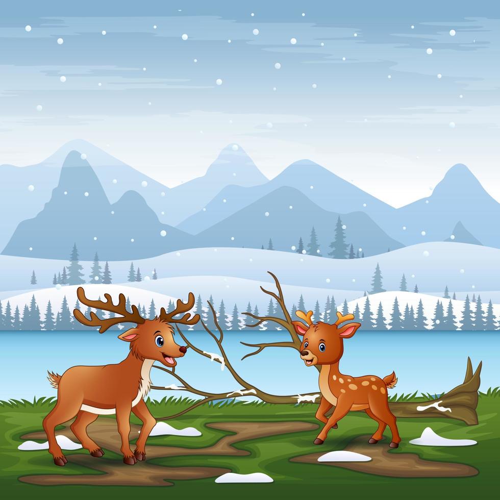 dibujos animados de dos ciervos jugando en el paisaje invernal vector