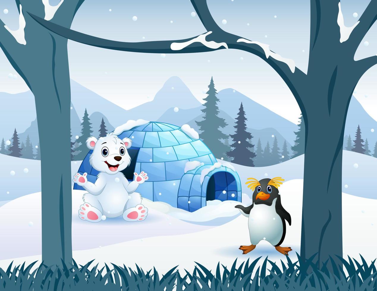 Cartoon a polar bear and penguin near the igloo house vector