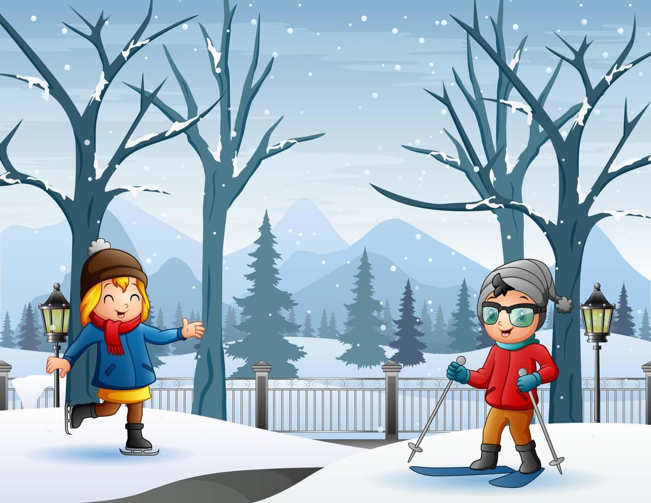 Cheerful kids playing in winter snowy landscape vector