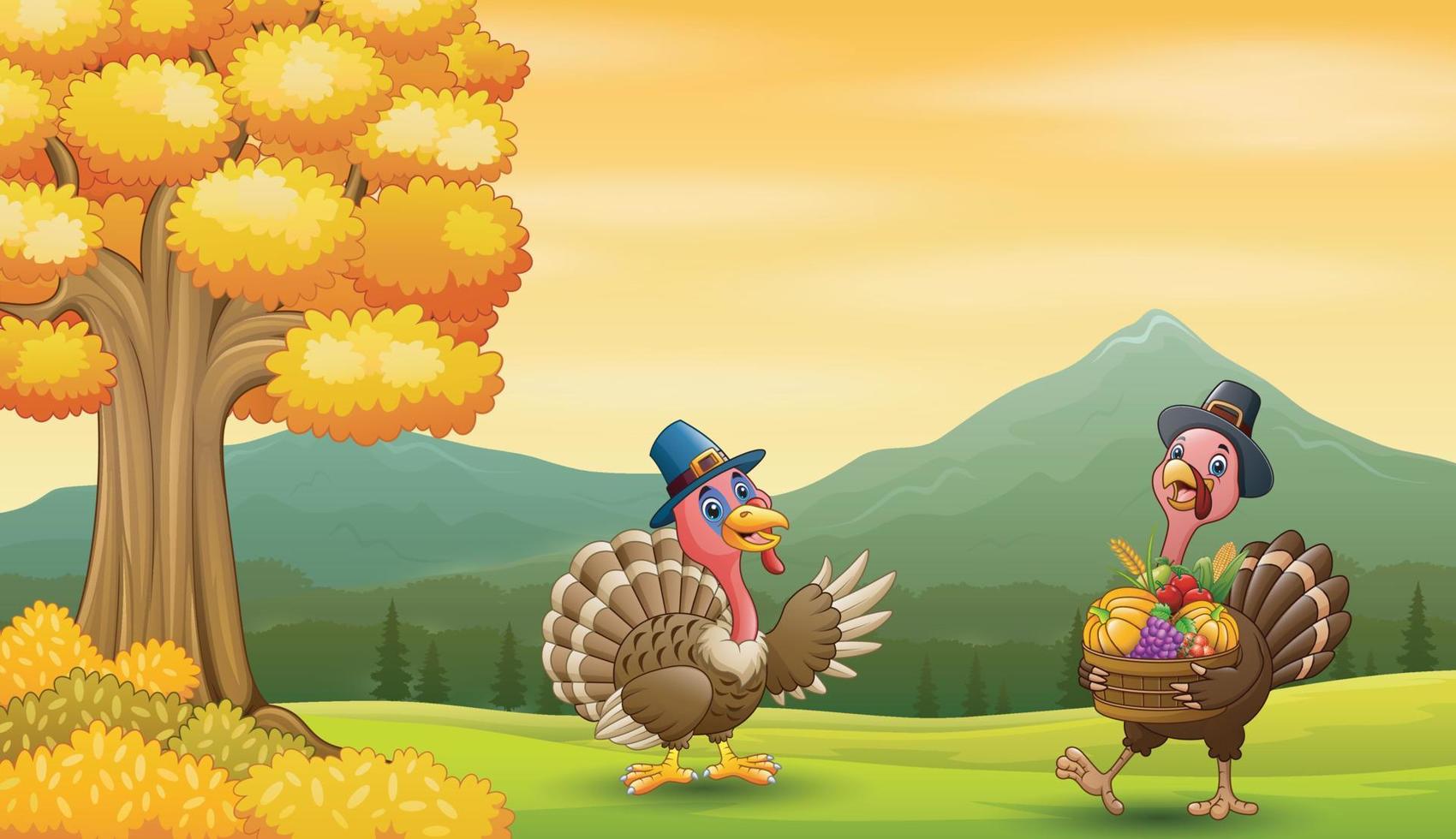 Cartoon turkey bird in the nature landscape vector
