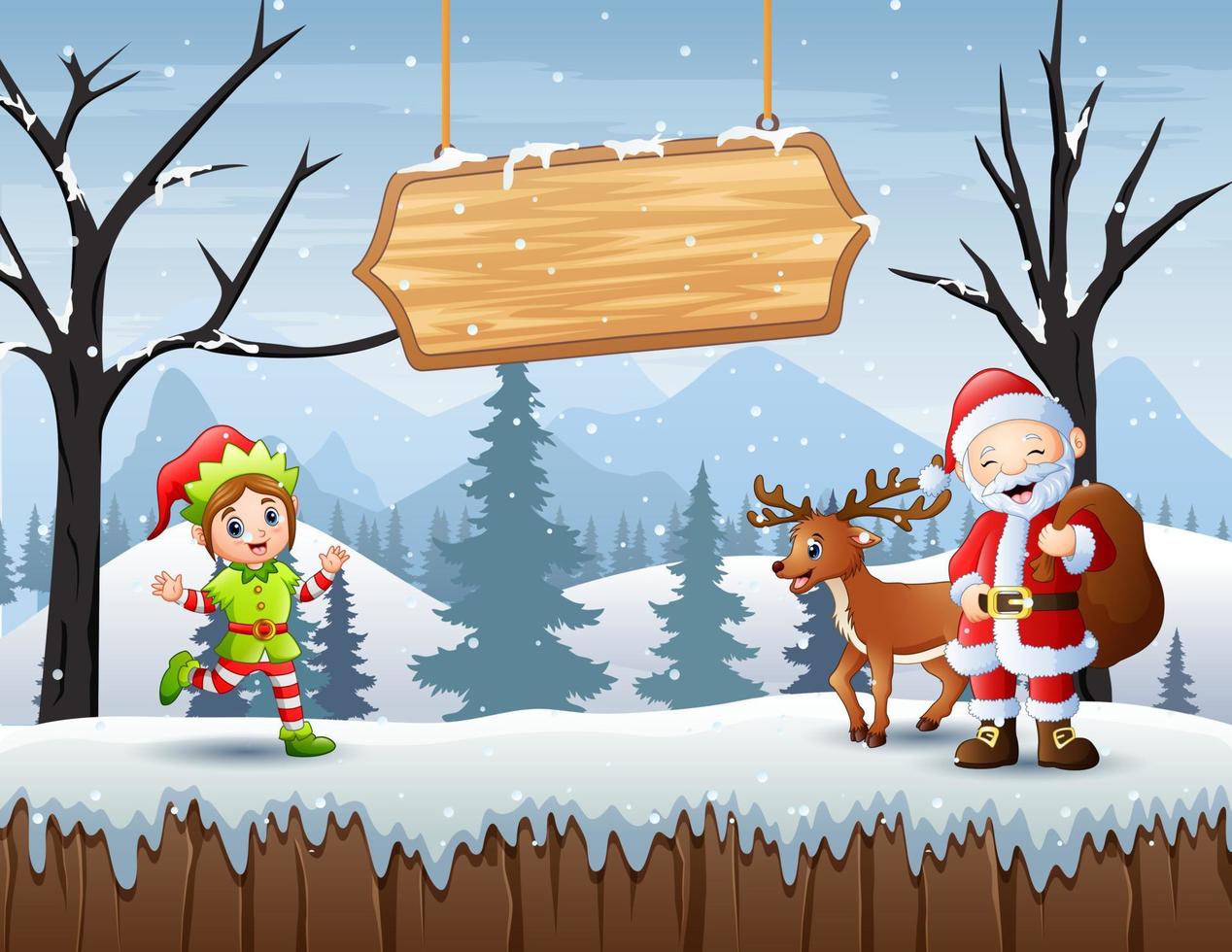 Merry Christmas with Santa and elf in winter landscape vector