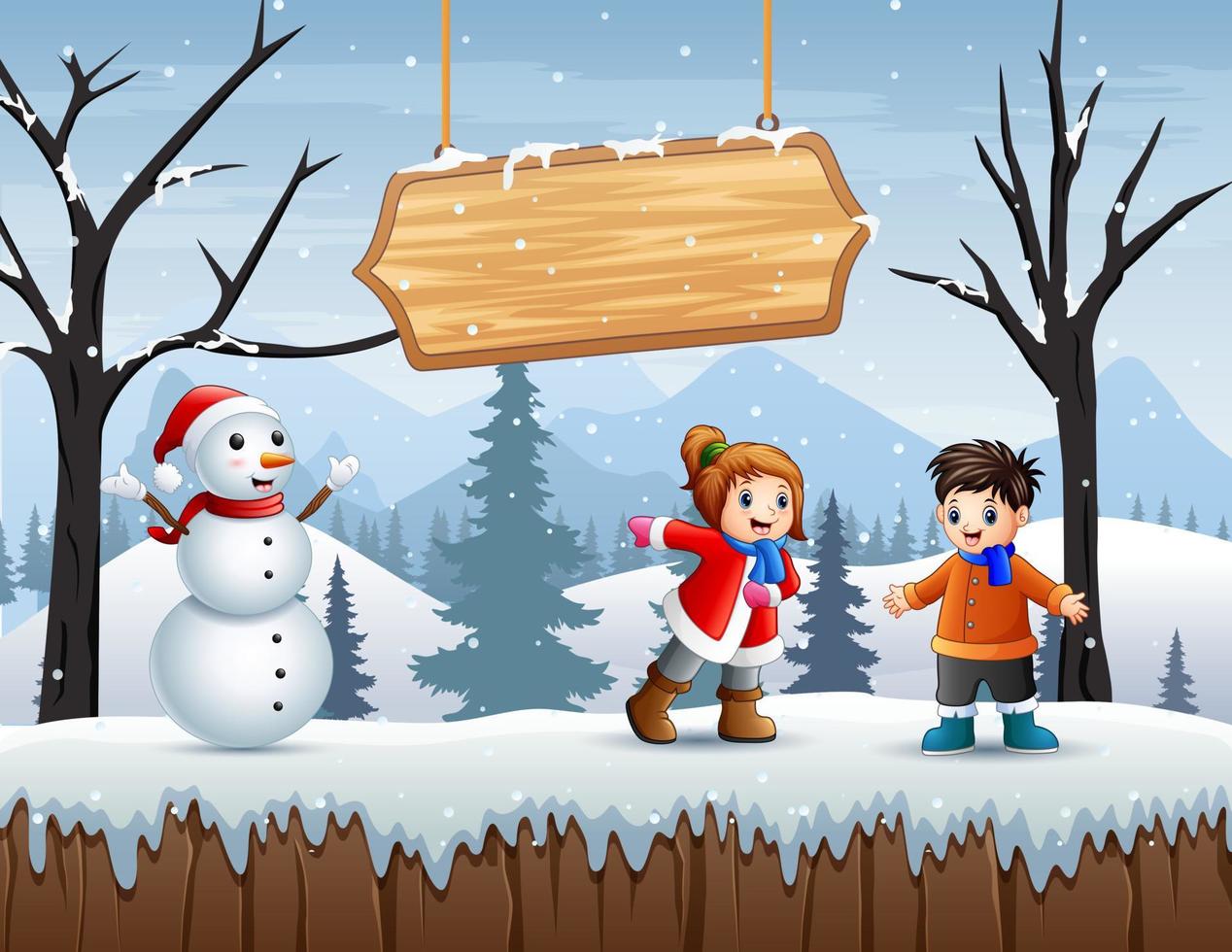 Children in winter clothes playing outdoors vector