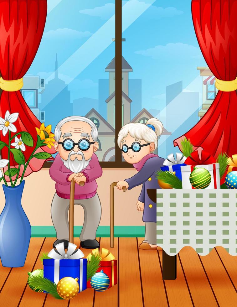 A couple of grandparents celebrating Christmas in the house vector