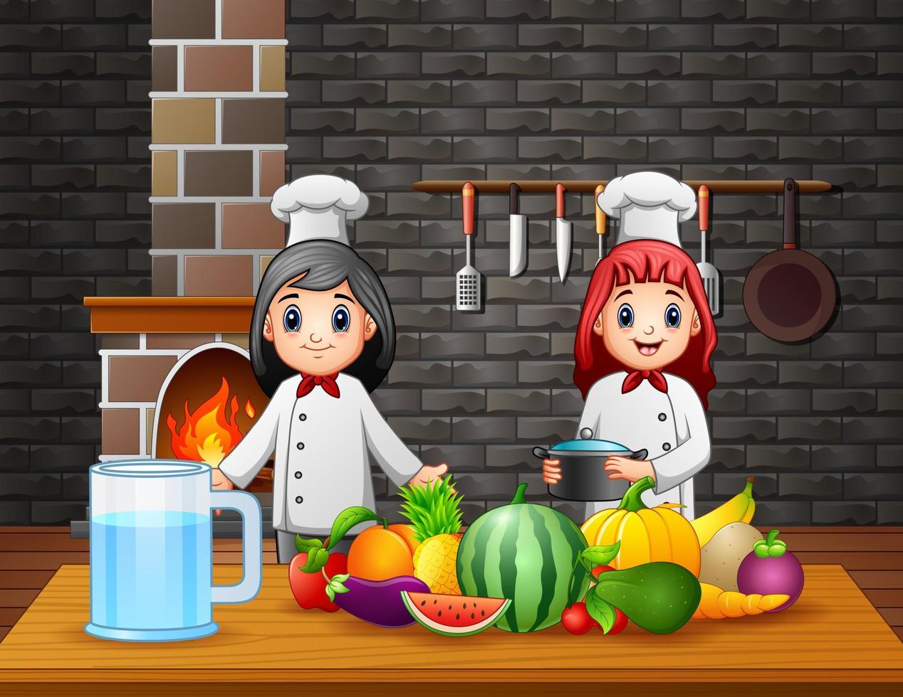 Two chefs preparing food at the dining table vector