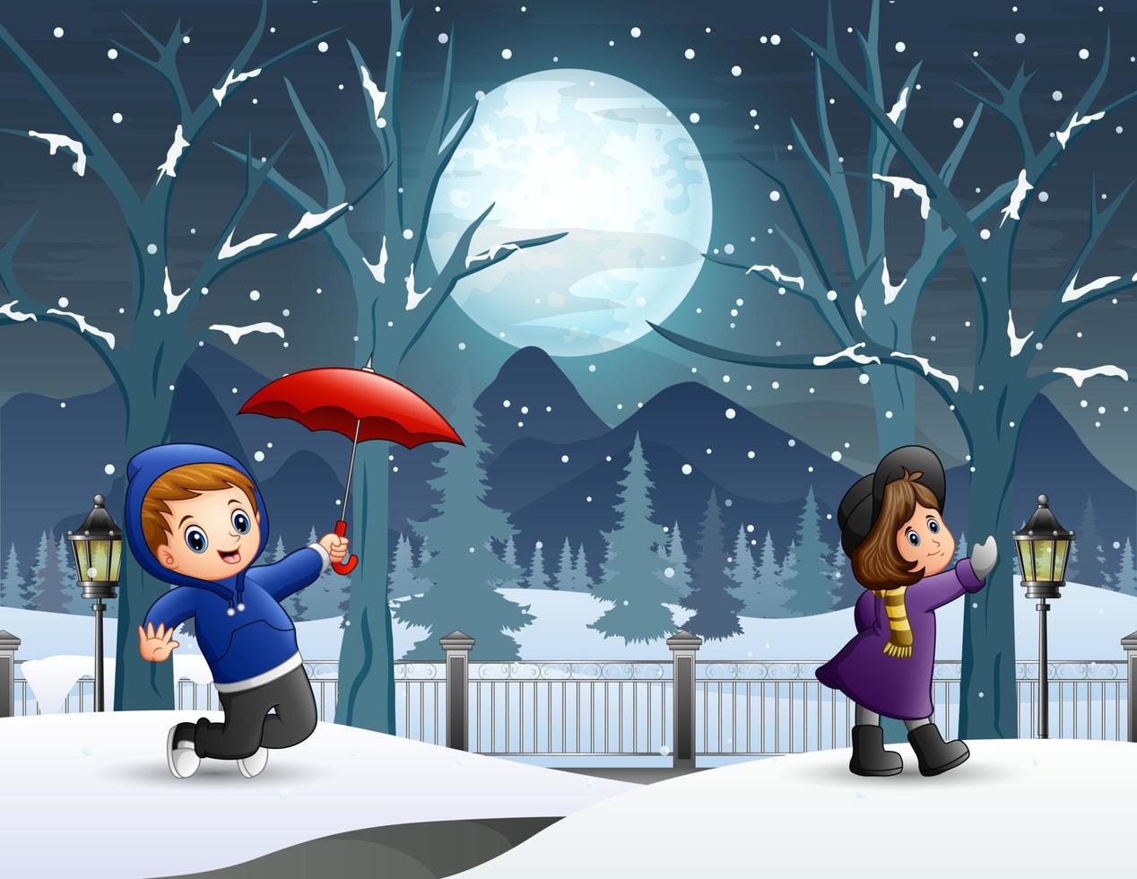 Kids in the winter night landscape vector