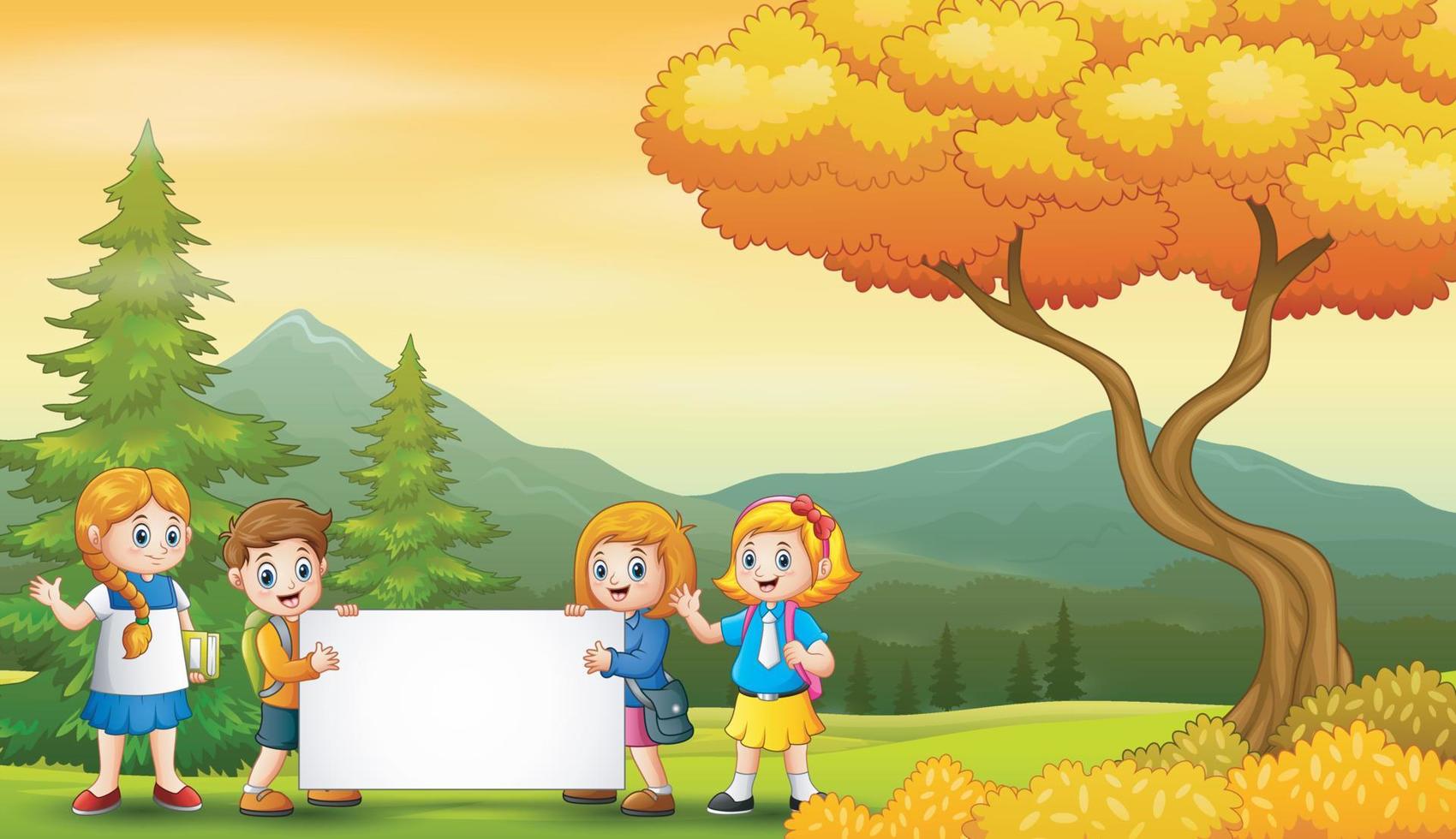 Autumn landscape with school kids holding blank sign vector