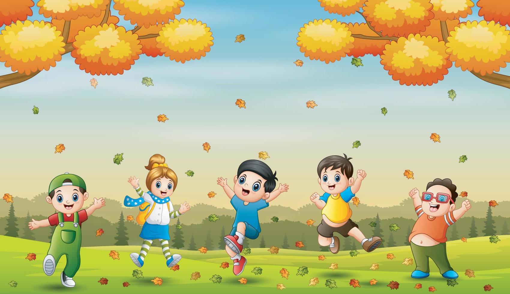 Cheerful little kids jumping and laughing in autumn landscape vector