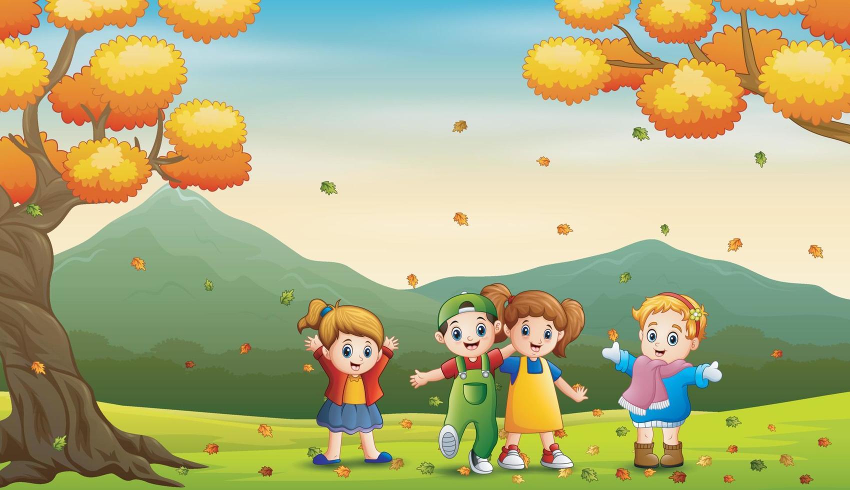 Happy kids playing outdoors in autumn vector