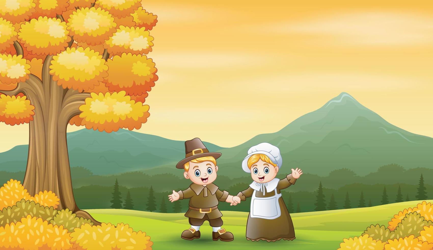 Happy pilgrim couple in the autumn background vector