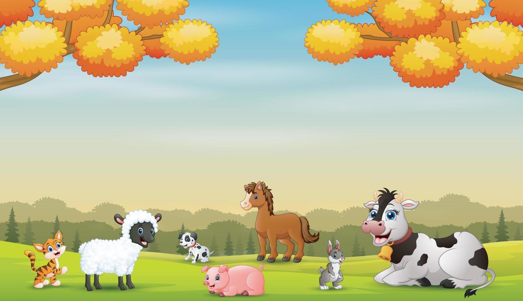Many animals farm enjoying outdoors in autumn vector