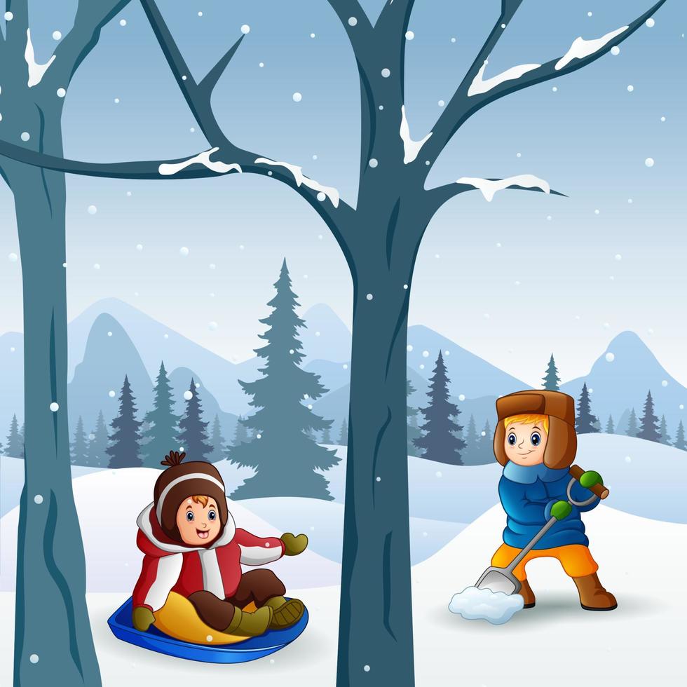 Cheerful kids playing in the snow vector