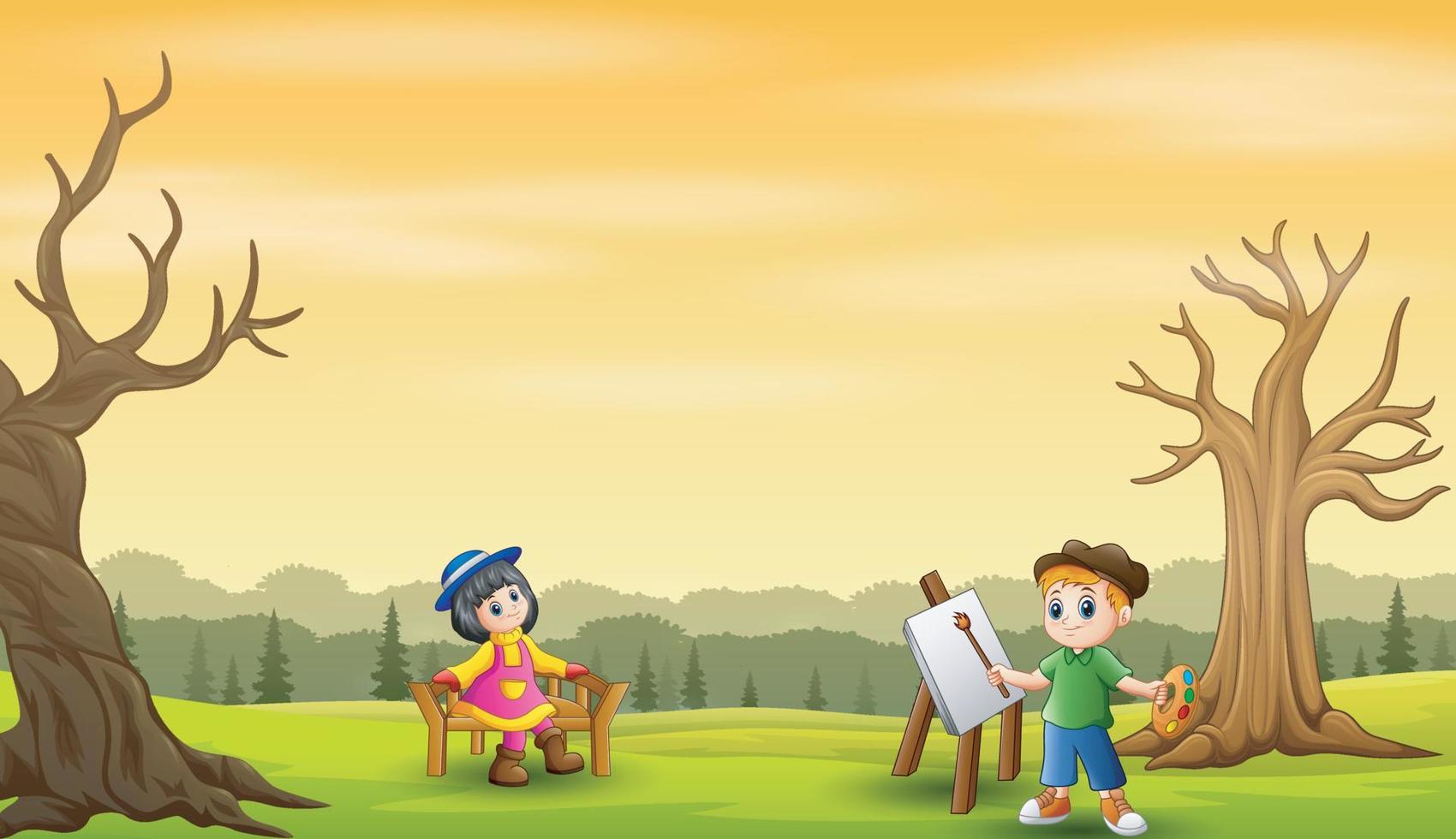A boys paint girls with bare tree background vector